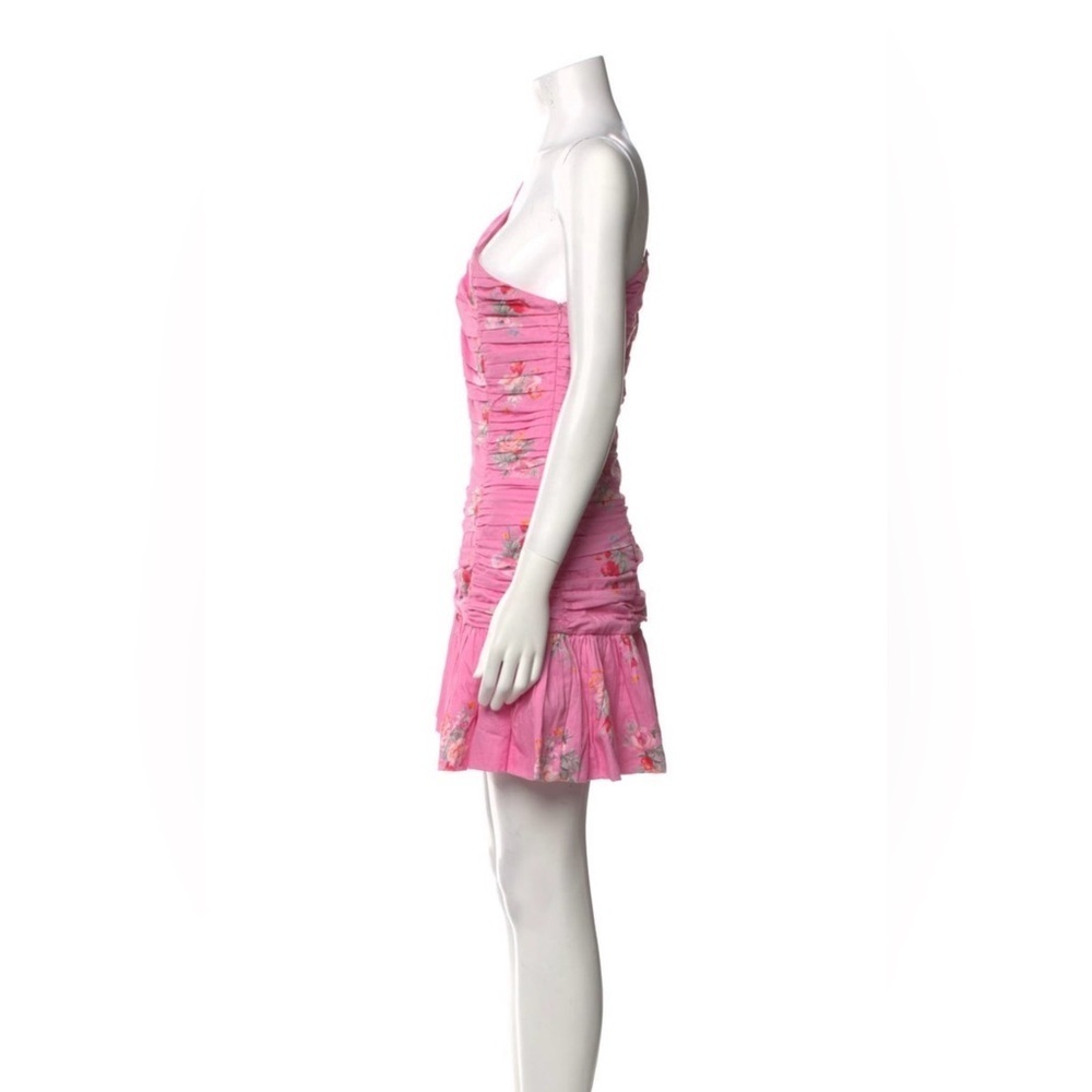 LoveShackFancy Pink Floral One Shoulder Ruched Mini Dress SZ 4 Puff Sleeve - Picture 4 of 8